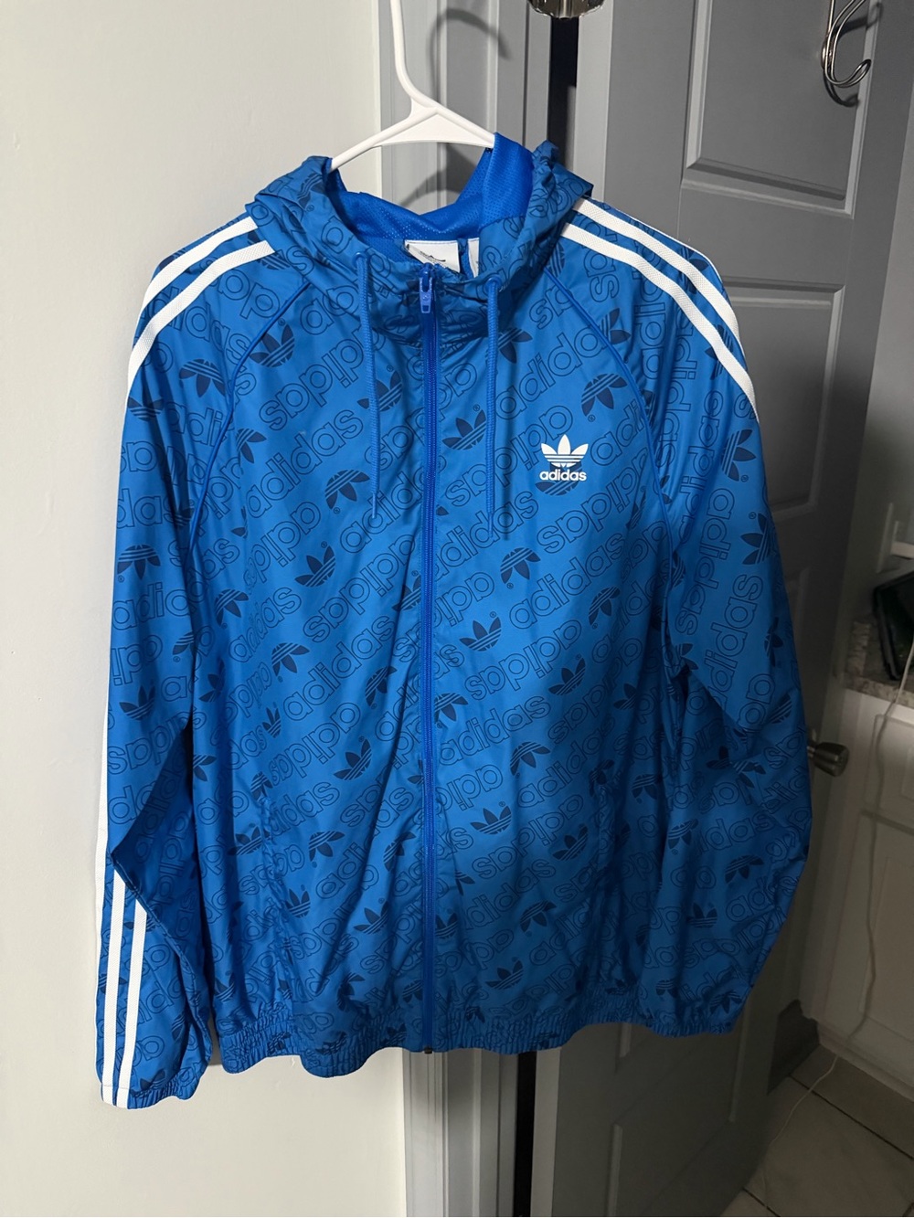 adidas men Blue Windbreaker Jacket with Hood